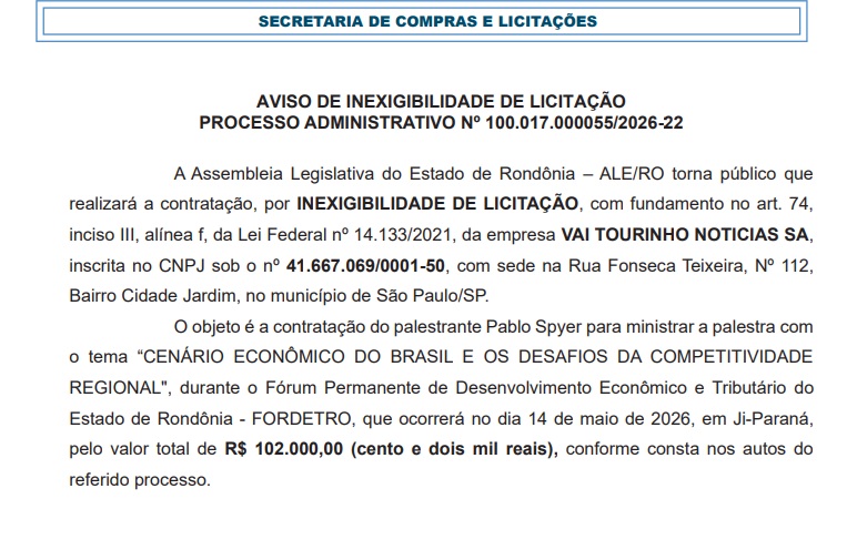 licir “VAI TOURINHO” – Influenciador receberá R$ 102 mil por palestra em Rondônia