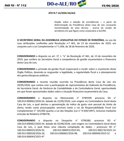 SINAL VERMELHO – Gastos com folha da ALE/RO chega perto do limite de alerta 2 ato SINAL VERMELHO – Gastos com folha da ALE/RO chega perto do limite de alerta