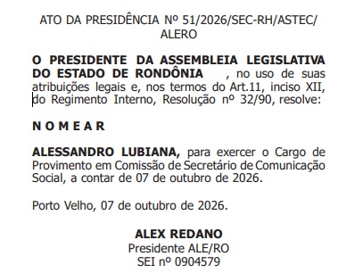 lubiana DE VOLTA À CASA - Alessandro Lubiana reassume comando da comunicação da ALE/RO